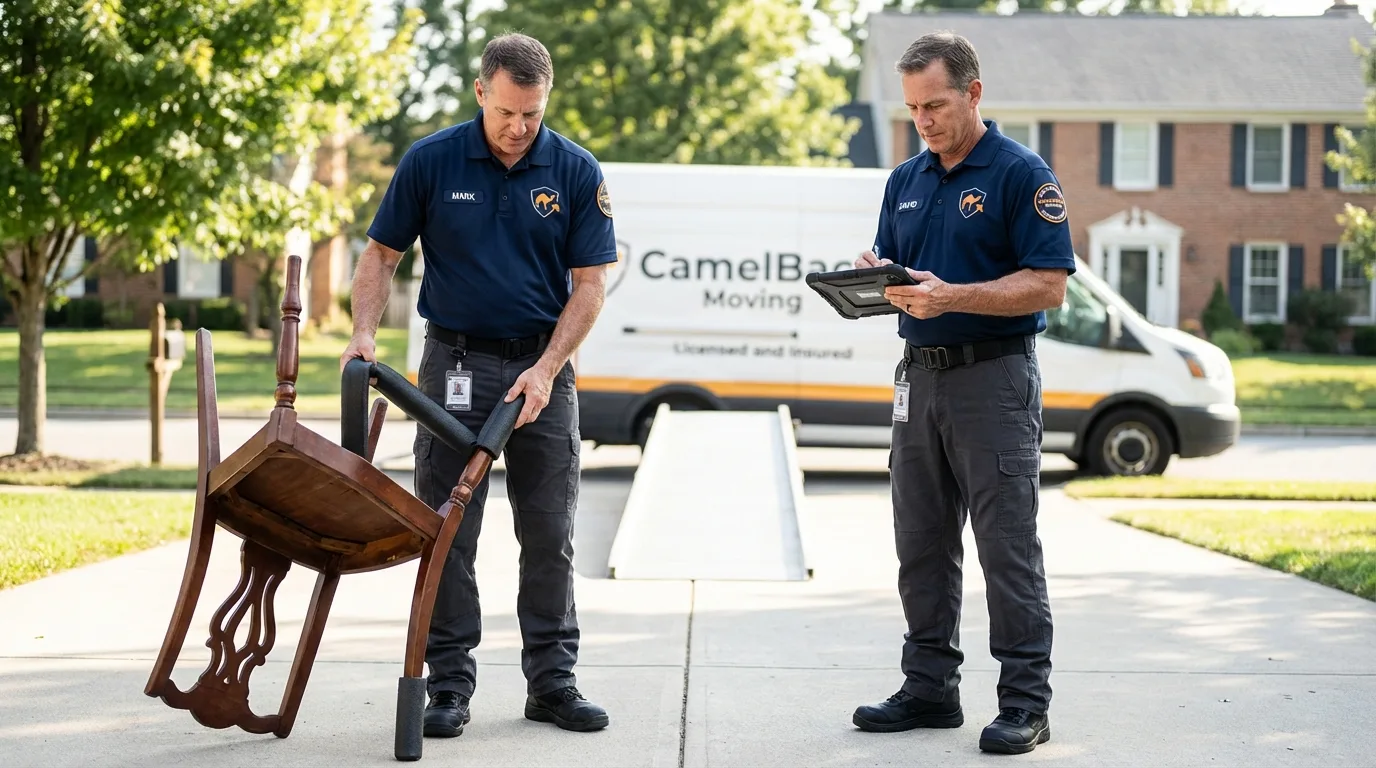Movers inspecting furniture for damage prevention before loading in Lake Isabella, CA