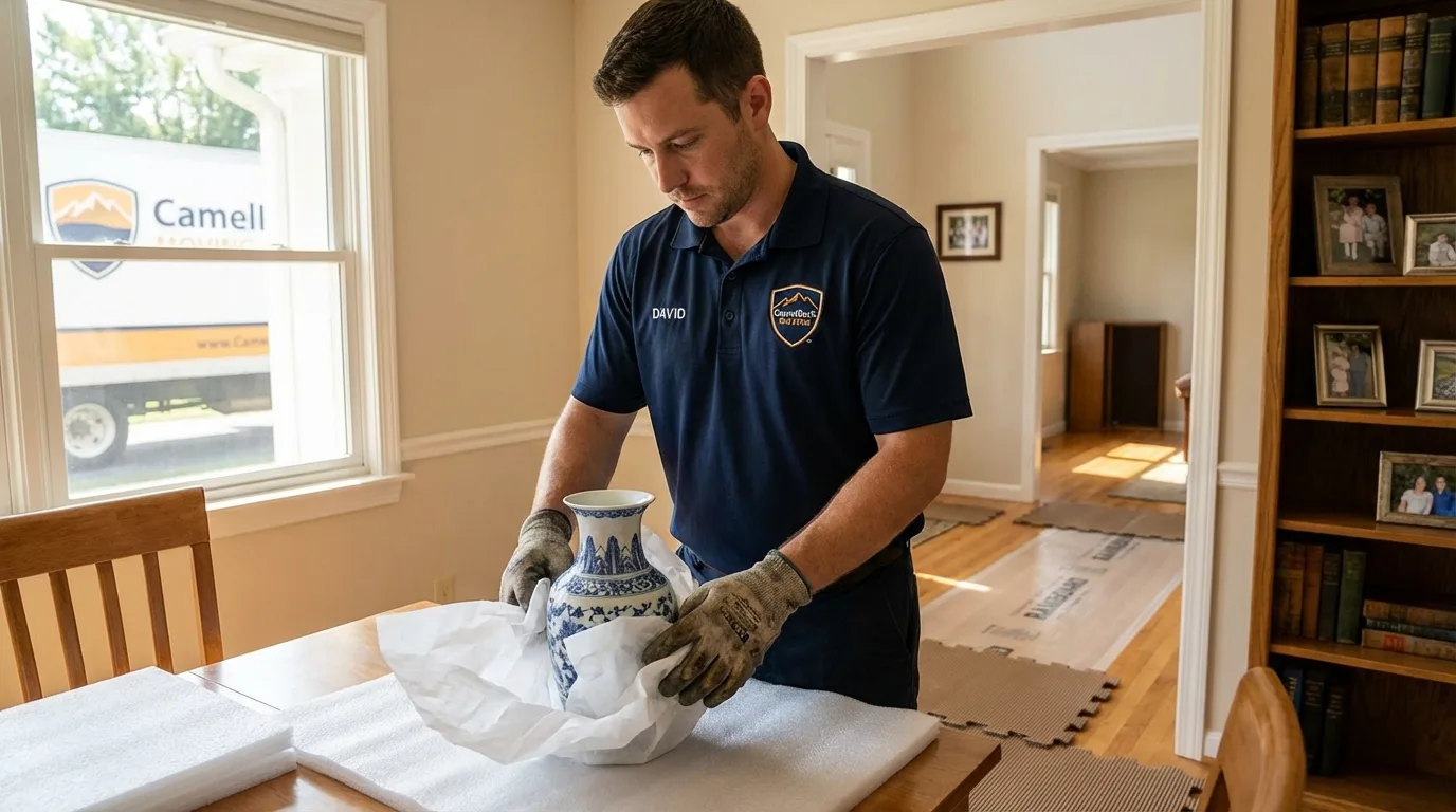 Professional crew carefully wrapping antique vase for senior downsizing move in Lake Isabella, CA